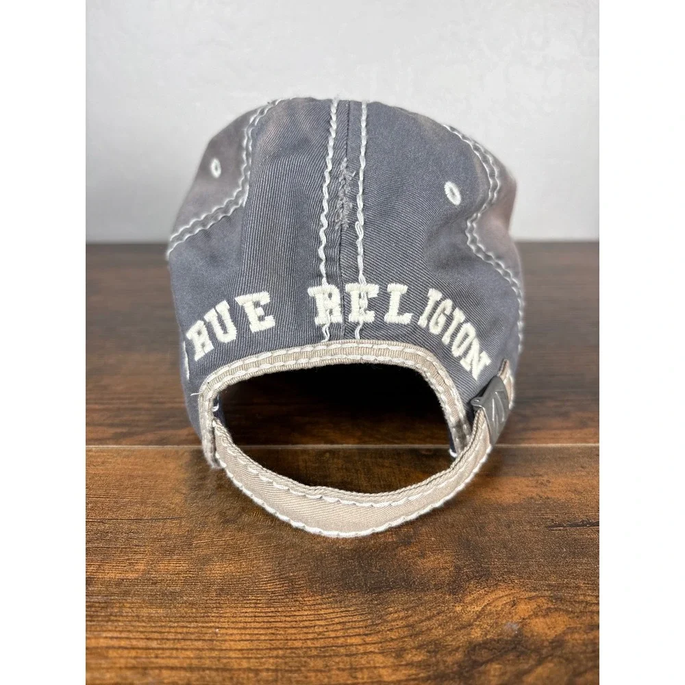 True Religion Distressed Buddha Logo‎ Baseball Cap Grey Tan Contrast Stitch Hat